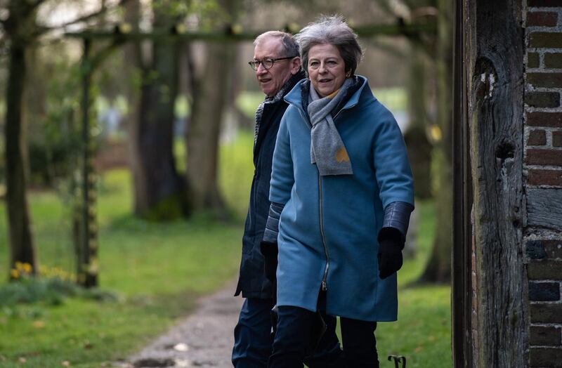 AYLESBURY, UNITED KINGDOM - MARCH 10:  British Prime Minister Theresa May and her husband Philip May leave after attending a church service on March 10, 2019 in Aylesbury, United Kingdom. The Prime Minister faces a vote on her Brexit deal in the Houses of Parliament on Tuesday, March 12, 2019.  (Photo by Chris J Ratcliffe/Getty Images) ***BestPix***