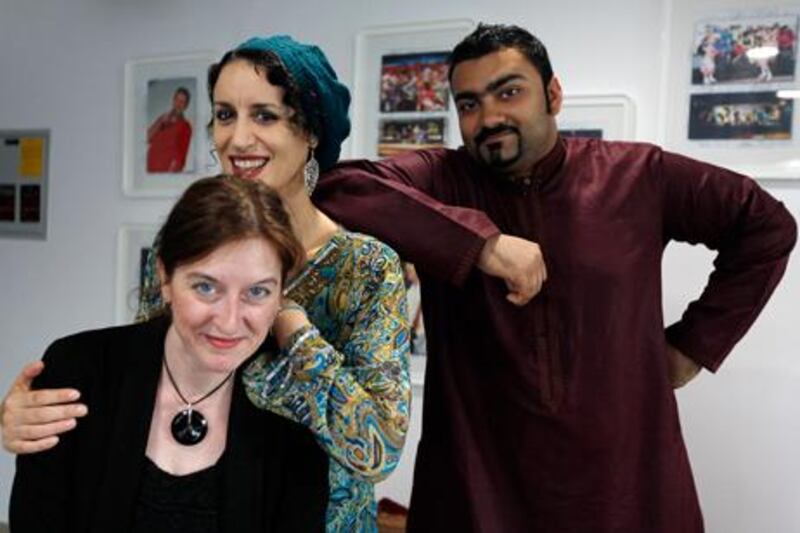 From left, the artists Sol Abiad, Mina Liccione and Ali Al Sayed. Satish Kumar / The National