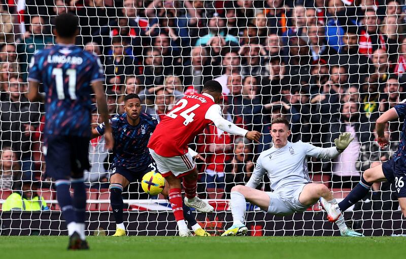 Arsenal's Reiss Nelson scores their second goal. Reuters