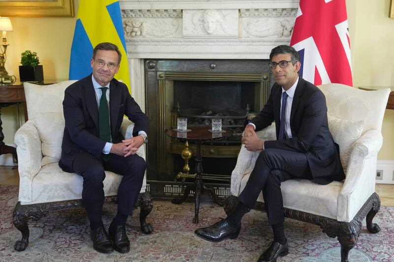 Britain's Prime Minister Rishi Sunak, right, speaks with Sweden's Prime Minister Ulf Kristersson inside 10 Downing Street. Getty