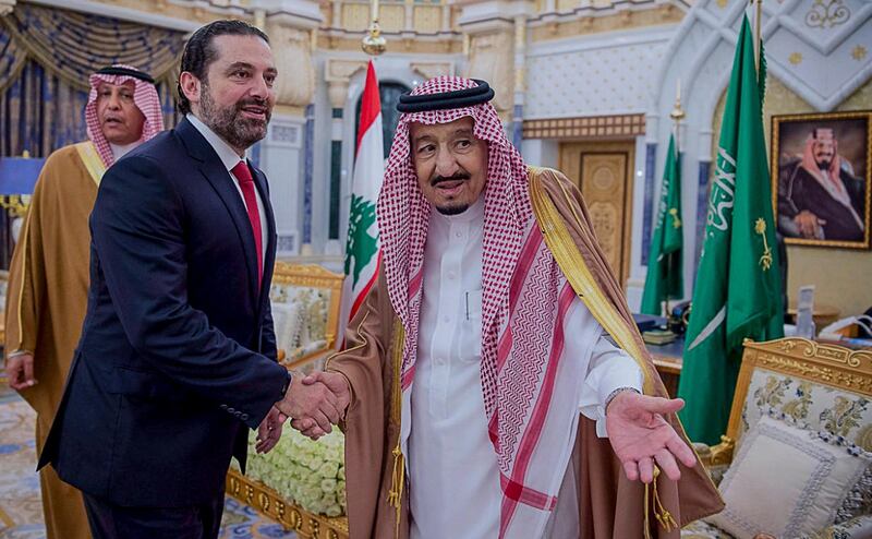 epa06571403 A handout photo made available by Lebanese official photo agency Dalati Nohara shows Saudi Arabia's King Salman bin Abdul-Aziz Al Saud (R) as he welcomes Lebanese Prime Minister Saad al-Hariri (L) in Al-Yamama palace in Riyadh, Saudi Arabia, 28 February 2018. Lebanese Prime Minister Saad al-Hariri visited Saudi Arabia after an invitation from the Saudi king, first time since his resignation through a televised speech from Riyadh in November 2017, which was later withdrawn.  EPA/DALATI NOHRA HANDOUT  HANDOUT EDITORIAL USE ONLY/NO SALES
