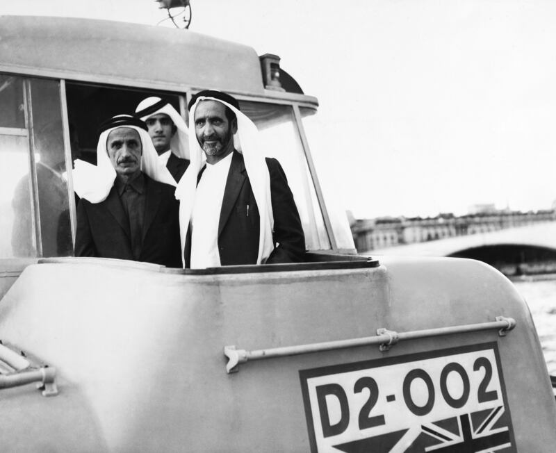 Sheikh Rashid bin Saeed Al Maktoum and his entourage aboard the Denny 02 hoverbus in London in 1963. Getty Images