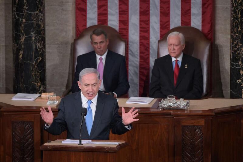 Israel's prime minister Benjamin Netanyahu addresses a joint session of the US Congress. Mandel Ngan / AFP