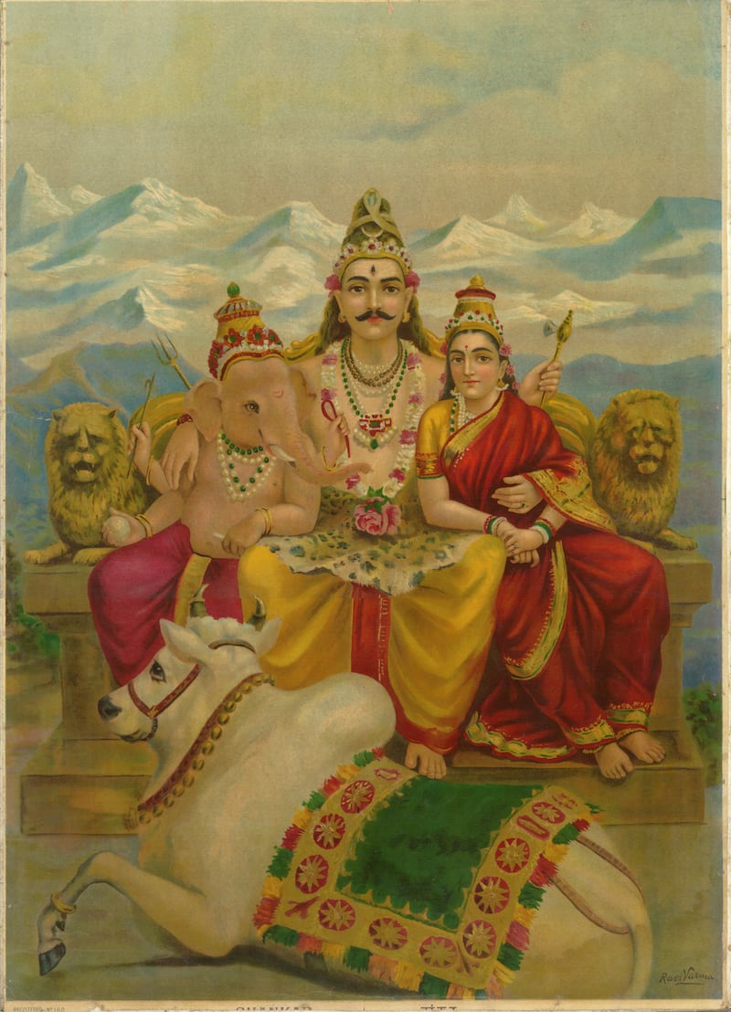He is credited with painting close to 2,000 works in a career spanning almost four decades. Pictured is a chromolithographic print titled Shankar, which depicts deities Shiva and Parvati and their son Ganesha, and Shiva's mount Nandi at their feet. Photo: Raja Ravi Varma Heritage Foundation