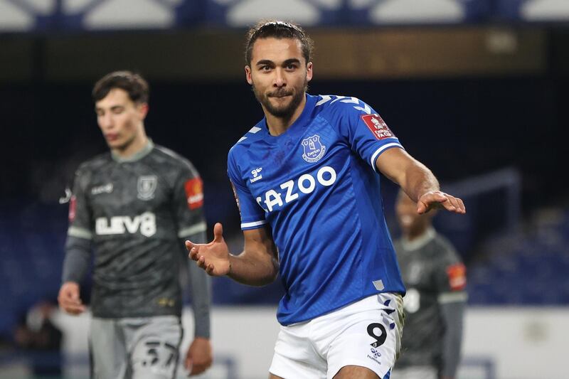 LIVERPOOL, ENGLAND - JANUARY 24: Dominic Calvert-Lewin of Everton celebrates after scoring their team's first goal during the Emirates FA Cup Fourth Round match between Everton and Sheffield Wednesday at Goodison Park on January 24, 2021 in Liverpool, England. Sporting stadiums around the UK remain under strict restrictions due to the Coronavirus Pandemic as Government social distancing laws prohibit fans inside venues resulting in games being played behind closed doors. (Photo by Clive Brunskill/Getty Images)