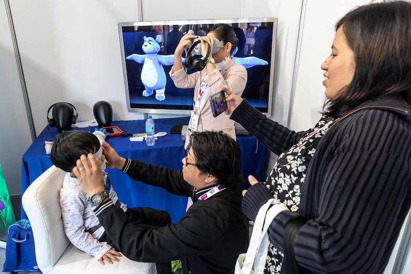 DUBAI, UNITED ARAB EMIRATES. 28 JANUARY 2020. Roomi, an interactive VR expereince for kids who are having cast or bandages placed and removed in medical facilities at Arab Health. (Photo: Antonie Robertson/The National) Journalist: Nick Webster. Section: National.

