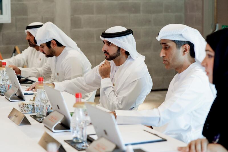 Dubai Crown Prince Sheikh Hamdan bin Mohammed bin Rashid Al Maktoum chairs a meeting of the Executive Council of Dubai at Expo2020 in presence of Maktoum Bin Mohammed, Deputy Ruler of Dubai. Wam