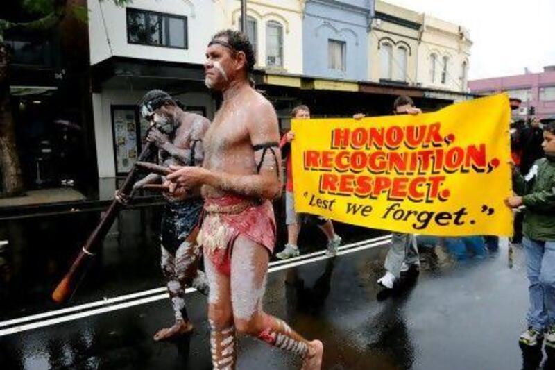 Aborigines in traditional dress take part in Anzac Day commemorations in Sydney in 2011. It was not until 2007 that nationwide ceremonies were held to honour Aboriginal war veterans.