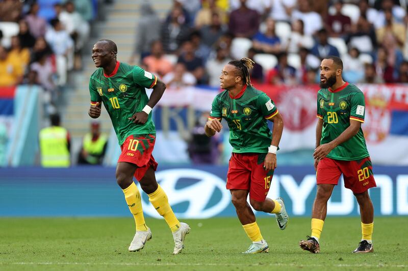 Vincent Aboubakar celebrates after scoring Cameroon's second goal against Serbia during the 3-3 World Cup Group G draw at Al Janoub Stadium on November 28, 2022 in Al Wakrah, Qatar. Getty