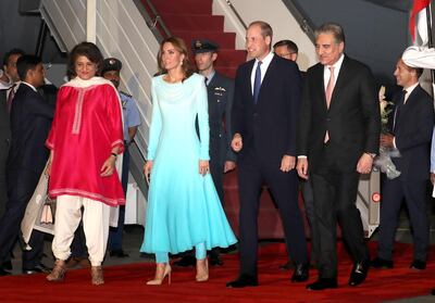 RAWALPINDI, PAKISTAN - OCTOBER 14: Prince William, Duke of Cambridge and Catherine, Duchess of Cambridge arrive at Kur Khan airbase ahead of their royal tour of Pakistan on October 14, 2019 in Rawalpindi, Pakistan. (Photo by Chris Jackson/Getty Images)