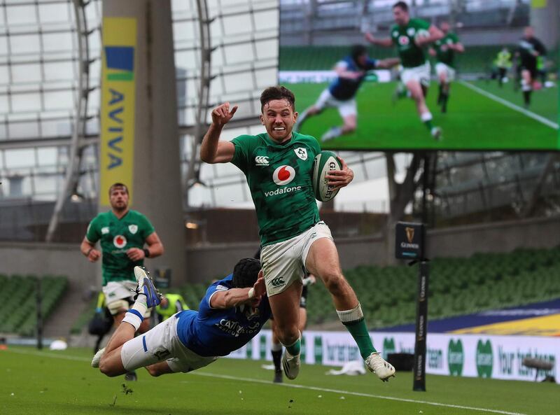 Ireland winger Hugo Keenan scoring a try that was later disallowed, during their Six Nations victory against Italy at the Aviva Stadium in Dublin, on Saturday, October 24. AFP