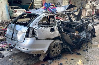 The car in which three sons of Hamas leader Ismail Haniyeh were killed in an Israeli air strike, near the Beach refugee camp, west of Gaza city, on Wednesday. AFP