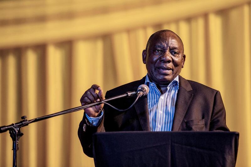 (FILES) This file photo taken on November 13, 2017 shows South African Deputy President and ruling party African National Congress (ANC) presidential candidate Cyril Ramaphosa giving a public lecture at the Orlando Communal Hall in Johannesburg, South Africa.
South Africa's ruling ANC party holds a conference starting on December 16, 2017 to elect its new leader in a hotly contested two-way race seen as a pivotal moment in the country's post-apartheid history. / AFP PHOTO / MUJAHID SAFODIEN