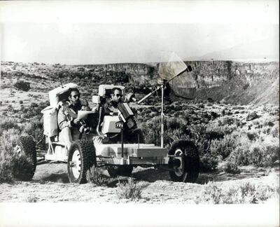 FM539J 1968 - Buggy ride on the moon: James B. Irwin (left) and David R. Scott, Apollo 15 astronauts, try out a vehicle similar to the lunar roving vehicle called the ''Grover'', during a training session at the Rio Grande Gorge, Taos, New Mexico, on geological features expected to be similar to the Hadley Appenine area of the moon, where they are expected to land in late July. Â© Keystone Pictures USA/ZUMAPRESS.com/Alamy Live News