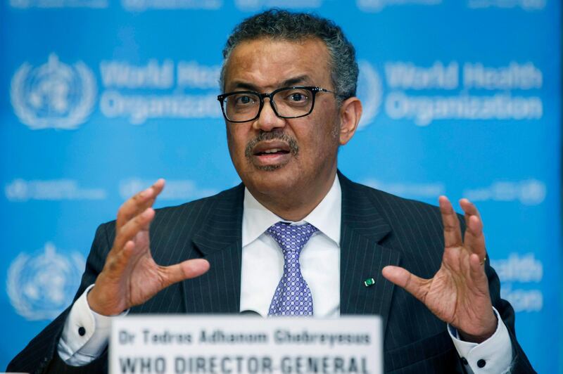 FILE - In this Monday, March 9, 2020 file photo, Tedros Adhanom Ghebreyesus, Director General of the World Health Organization speaks during a news conference, at the WHO headquarters in Geneva, Switzerland. When the World Health Organization declared the coronavirus a pandemic one year ago Thursday, March 11 it did so only after weeks of resisting the term and maintaining the highly infectious virus could still be stopped. A year later, the U.N. agency is still struggling to keep on top of the evolving science of COVID-19, to persuade countries to abandon their nationalistic tendencies and help get vaccines where theyâ€™re needed most. (Salvatore Di Nolfi/Keystone via AP, file)