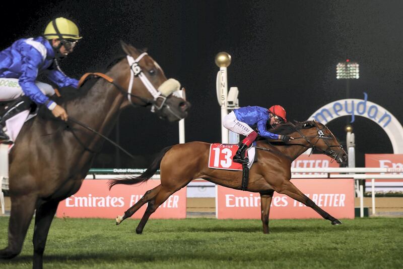 Dubai, United Arab Emirates - Reporter: Amith Passela. Sport. Horse Racing. Final Song ridden by Frankie Dettori wins the Nad Al Sheba Turf Sprint on Super Saturday at Meydan. Dubai. Saturday, March 6th, 2021. Chris Whiteoak / The National