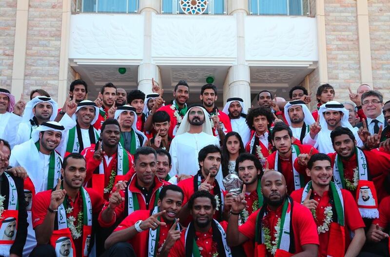January: The UAE Vice President and Prime Minister and Ruler of Dubai, His Highness Sheikh Mohammed bin Rashid met at his Palace in Za'beel the members of the UAE National Football Team who won the 21st Gulf Cup title in Bahrain.  Picture courtesy of Wam 