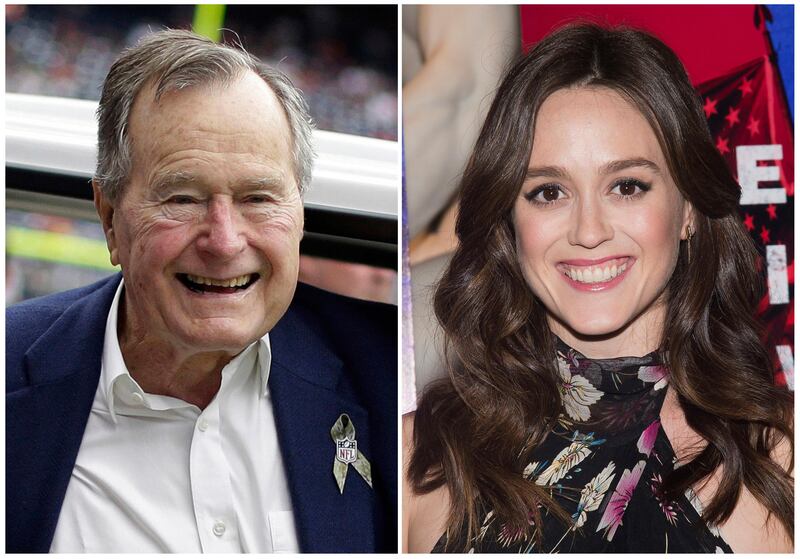 In this combination photo, former president George H.W. Bush appears at an NFL football game in Houston between the Buffalo Bills and the Houston Texans on Nov. 4, 2012, left, and actress Heather Lind appears at AMC's "Turn: Washington's Spies" season three premiere event in New York on April 20, 2016. Lind accused former President George H.W. Bush of touching her from behind while she was posing for a photo alongside him and telling her a dirty joke at a Houston event in 2014. The former president's office apologized Wednesday and offered an explanation. (AP Photo/File)