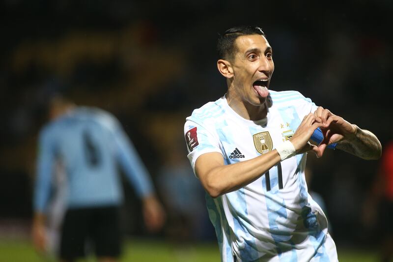 Angel di Maria of Argentina celebrates after scoring the winner against Uruguay in  Montevideo. EPA