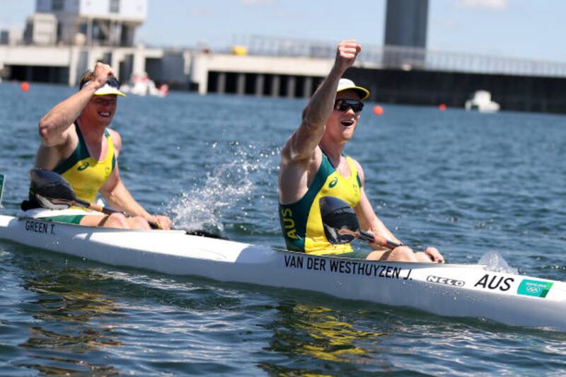 Jean van der Westhuyzen and Thomas Green of Team Australia celebrate winning the gold medal following the Men's Kayak Double 1,000m Final.