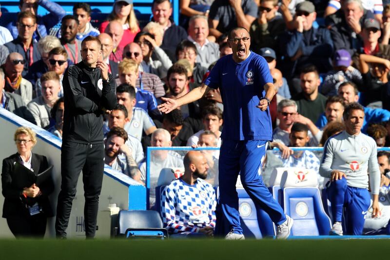 LONDON, ENGLAND - OCTOBER 20:  Maurizio Sarri, Manager of Chelsea reacts during the Premier League match between Chelsea FC and Manchester United at Stamford Bridge on October 20, 2018 in London, United Kingdom.  (Photo by Clive Rose/Getty Images)