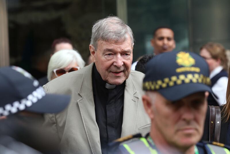 epa07397778 Cardinal George Pell (C) leaves the County Court in Melbourne, Australia, 26 February 2019. Australia's most senior Catholic Cardinal George Pell was found guilty on five charges of child sexual assault after an unanimous verdict on 11 December 2018, the results of which were under a suppression order until being lifted on 26 February 2019.  EPA/DAVID CROSLING AUSTRALIA AND NEW ZEALAND OUT