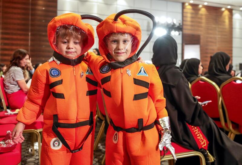 Abu Dhabi, United Arab Emirates, September 25, 2019.     Live stream of space launch at Adnec.  --  Little astronauts, (L-R) Henry Munce and Thomas Wuisman.
Victor Besa / The National
Section:  NA
Reporter:  John Dennehy