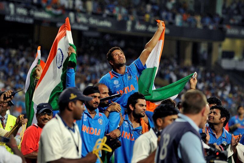 India's Sachin Tendulkar is carried by his team mates after they beat Sri Lanka in the 2011 World Cup final in Mumbai. Reuters