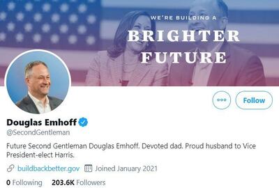 Screen grab from Twitter shows new Twitter account of Douglas Emhoff, husband of Vice President-elect Kamala Harris.