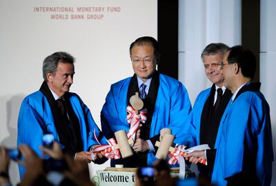From left, Riad Salameh, World Bank Group President Jim Yong-kim, Poland's Central Bank Governor Marek Belka and Bank of Japan Governor Masaaki Shirakawa at the annual meetings of the IMF and World Bank in 2012. Reuters