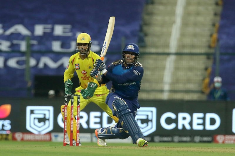 Saurabh Tiwary of Mumbai Indians plays a shot during match 1 of season 13 of the Dream 11 Indian Premier League (IPL) between the Mumbai Indians and the Chennai Superkings held at the Sheikh Zayed Stadium, Abu Dhabi in the United Arab Emirates on the 19th September 2020.  Photo by: Vipin Pawar  / Sportzpics for BCCI