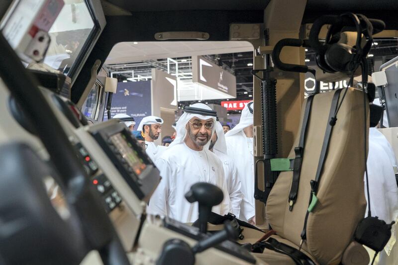 ABU DHABI, UNITED ARAB EMIRATES - February 20, 2019: HH Sheikh Mohamed bin Zayed Al Nahyan, Crown Prince of Abu Dhabi and Deputy Supreme Commander of the UAE Armed Forces (C) tours the International Defence Exhibition and Conference (IDEX), at Abu Dhabi National Exhibition Centre (ADNEC). 

( Rashed Al Mansoori / Ministry of Presidential Affairs )
---