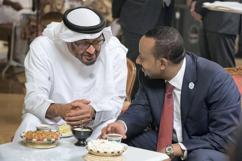 ADDIS ABABA, ETHIOPIA - June 15, 2018: HH Sheikh Mohamed bin Zayed Al Nahyan, Crown Prince of Abu Dhabi and Deputy Supreme Commander of the UAE Armed Forces (L) meets with HE Abiy Ahmed, Prime Minister of Ethiopia (R), at Jubilee Palace.( Mohamed Al Hammadi / Crown Prince Court - Abu Dhabi )---