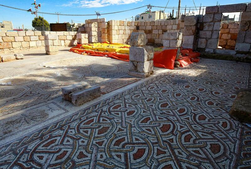 The intricate design of the restored mosaic flooring at the Church of St Mary, built in the year 543, at Rihab, Jordan. AFP