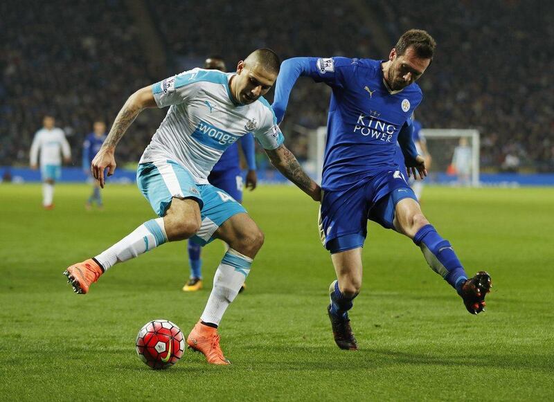 Leicester City’s Christian Fuchs in action with Newcastle United’s Aleksandar Mitrovic. Action Images via Reuters / John Sibley