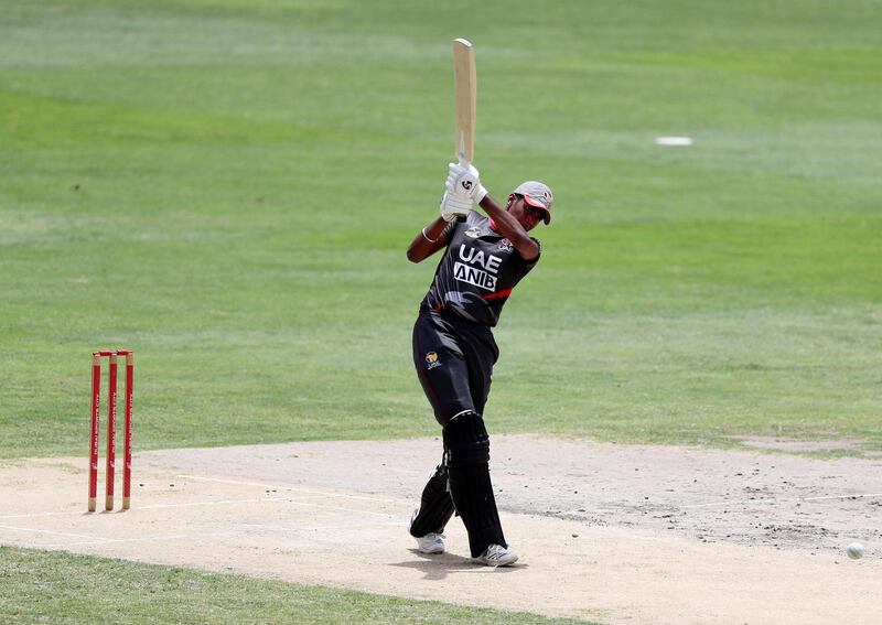 Dubai, United Arab Emirates - April 29, 2019: UAE's Ashwanth Valthapa bats in the game between UAE U19's and Iran U19's in the Unser 19 Asian Cup qualifiers. Monday the 29th of April 2019. Dubai International Stadium, Dubai. Chris Whiteoak / The National