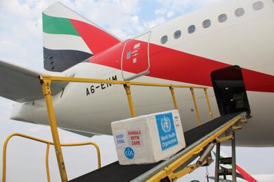 Aid is loaded onto an Emirates SkyCargo aircraft to be delivered to Beirut on Saturday. Courtesy: Dubai Media Office