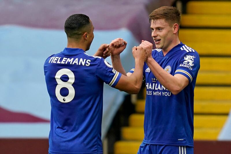 Leicester City's English midfielder Harvey Barnes (R) celebrates with Leicester City's Belgian midfielder Youri Tielemans (L) after scoring their second goal during the English Premier League football match between Aston Villa and Leicester City at Villa Park in Birmingham, central England on February 21, 2021. RESTRICTED TO EDITORIAL USE. No use with unauthorized audio, video, data, fixture lists, club/league logos or 'live' services. Online in-match use limited to 120 images. An additional 40 images may be used in extra time. No video emulation. Social media in-match use limited to 120 images. An additional 40 images may be used in extra time. No use in betting publications, games or single club/league/player publications.
 / AFP / POOL / Tim Keeton / RESTRICTED TO EDITORIAL USE. No use with unauthorized audio, video, data, fixture lists, club/league logos or 'live' services. Online in-match use limited to 120 images. An additional 40 images may be used in extra time. No video emulation. Social media in-match use limited to 120 images. An additional 40 images may be used in extra time. No use in betting publications, games or single club/league/player publications.
