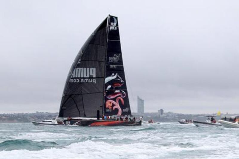 Team Puma sail their yacht in the final minutes of leg four of the Volvo Ocean Race in the Auckland Harbour on Sunday, March 11, 2012. The race is scheduled to finish in Galway, Ireland on July 8, nine months and more than 39,000 nautical miles (72,000 kilometers) after setting out from Alicante, Spain. (AP Photo/New Zealand Herald, Greg Bowker) NEW ZEALAND OUT, AUSTRALIA OUT