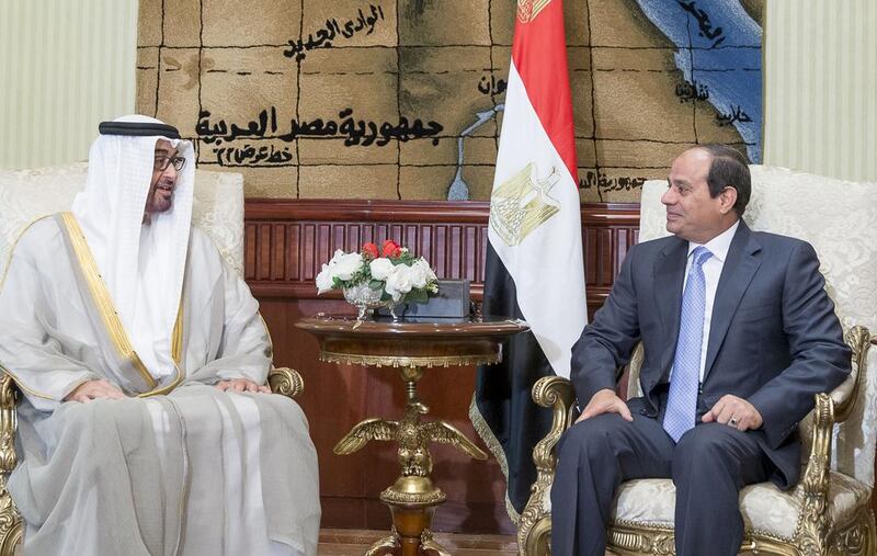 Sheikh Mohammed bin Zayed, Crown Prince of Abu Dhabi and Deputy Supreme Commander of the Armed Forces, meets Egyptian president Abdel Fattah El Sisi on an official visit to Cairo on Tuesday. Mohamed Al Hammadi / Crown Prince Court – Abu Dhabi