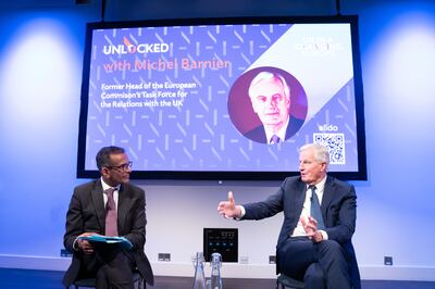 Director of the UK in a Changing Europe, Anand Menon, left, and Michel Barnier discuss his book 'My Secret Brexit Diary: A Glorious Illusion' in London on February 1. PA
