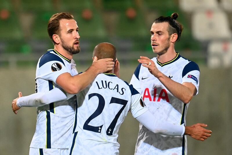 Tottenham's Lucas Moura, centre, celebrates with teammates Harry Kane and Gareth Bale after scoring in Razgrad. EPA