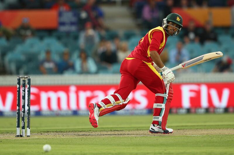 CANBERRA, AUSTRALIA - FEBRUARY 24:  Sikandar Raza of Zimbabwe bats during the 2015 ICC Cricket World Cup match between the West Indies and Zimbabwe at Manuka Oval on February 24, 2015 in Canberra, Australia.  (Photo by Mark Kolbe/Getty Images)