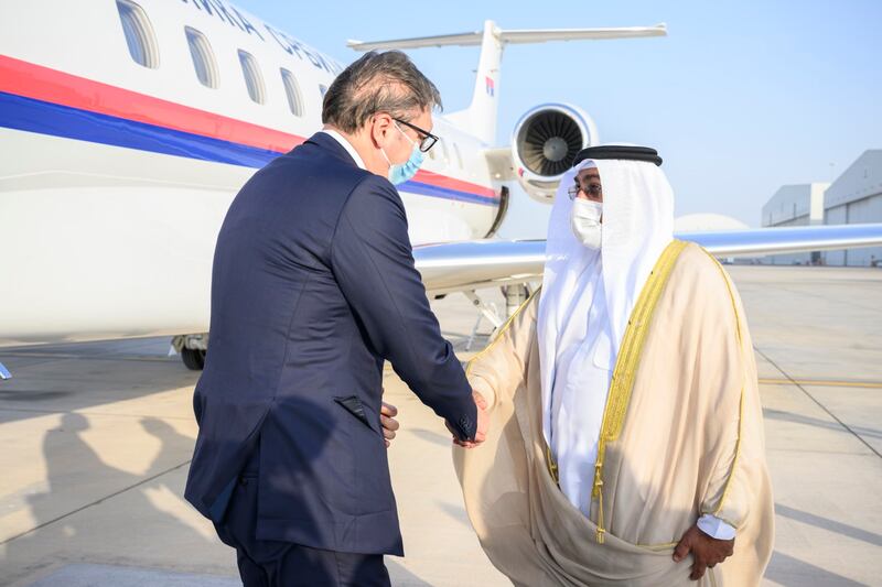 President Aleksandar Vucic was greeted by a guard of honour and welcomed by Minister of State Ahmed Ali Al Sayegh. UAE