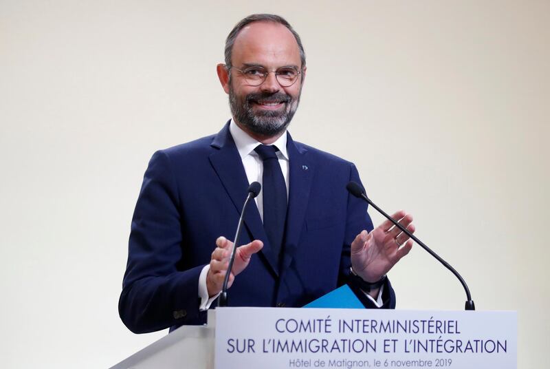 French Prime Minister Edouard Philippe speaks at a news conference on immigration in Paris, Wednesday Oct.6, 2019. French Prime Minister Edouard Philippe says France needs to "take back control" of migration, as part of a carefully controlled government push to listen to voters' worries over growing immigration that risks playing into the hands of the far-right. (Charles Platiau/Pool via AP)