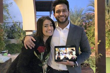 Ejaz Bangara with his fiance Sahar Atmar, after he proposed with friends and family watching on Zoom. 