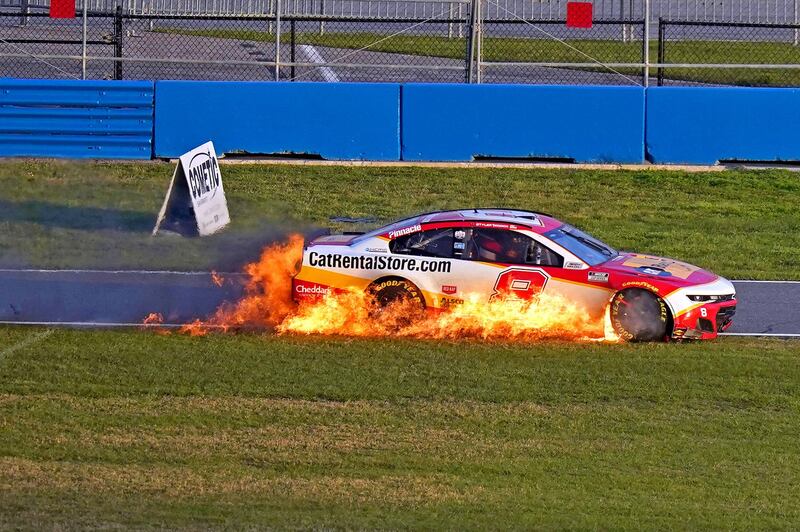 The car of Nascar Cup Series driver Tyler Reddick catches fire during the O’Reilly Auto Parts 253 at Daytona International Speedway. Reuters