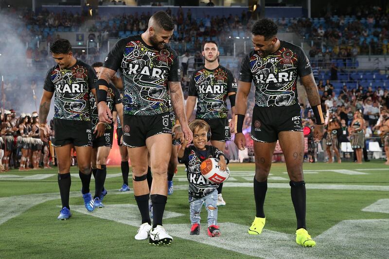 GOLD COAST, AUSTRALIA - FEBRUARY 22: Quaden Bayles runs onto the field before the NRL match between the Indigenous All-Stars and the New Zealand Maori Kiwis All-Stars at Cbus Super Stadium on February 22, 2020 on the Gold Coast, Australia. (Photo by Jason McCawley/Getty Images)