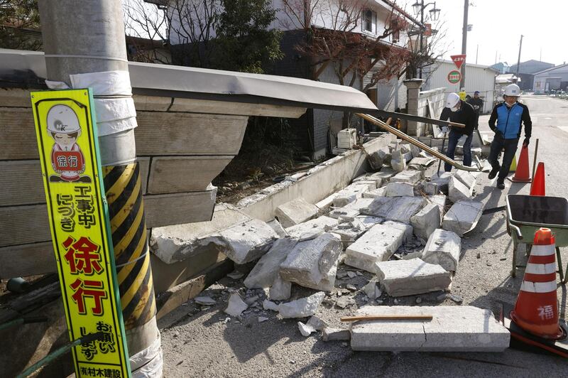 A collapsed wall by a strong earthquake is pictured in Kunimi, Fukushima Prefecture, Japan. Reuters
