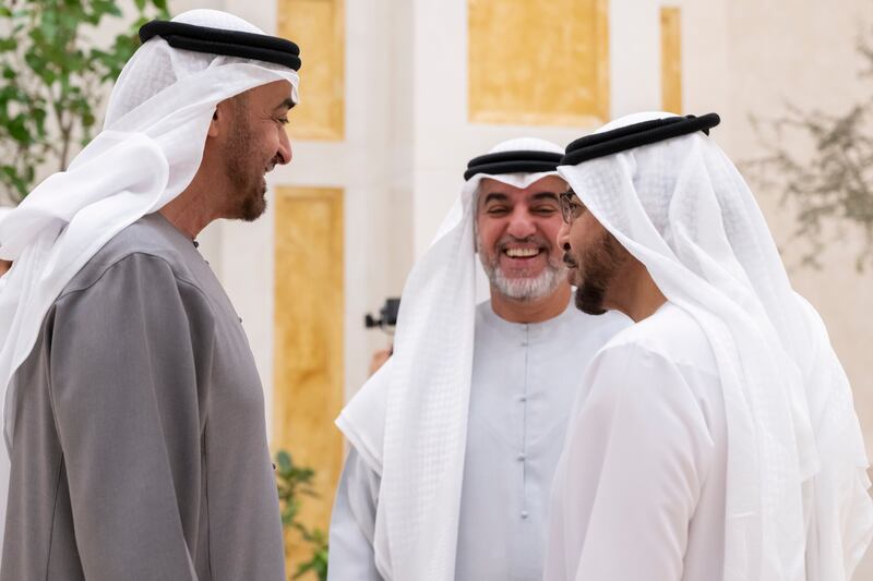 President Sheikh Mohamed speaks with Sheikh Hamdan bin Zayed, Ruler’s Representative in Al Dhafra, and Dr Hamdan Al Mazrouei, chairman of the board of Emirates Red Crescent. Photo: UAE Presidential Court